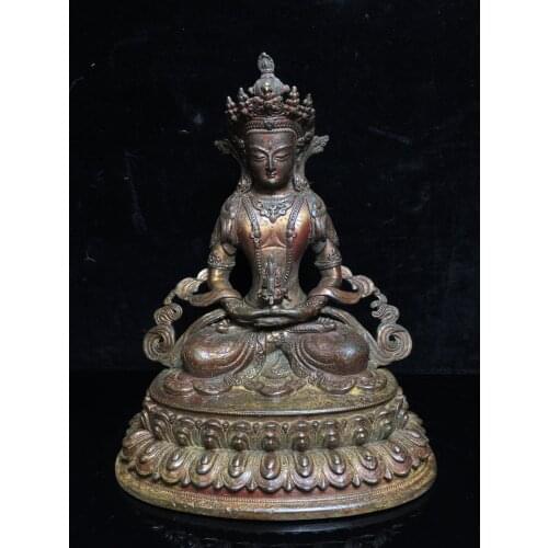 9"Tibet temple Old Bronze Cinnabar Lacquer Longevity Buddha Statue Immortal Life Wisdom Tathagata Double Lotus Terrace Enshrine