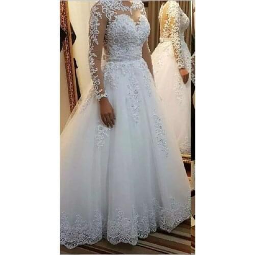 ANGELSBRIDEP Long Sleeves Wedding Dresses Vestido De Noiva Sexy See-Through Back Formal Bride Applique Dress Plus Size