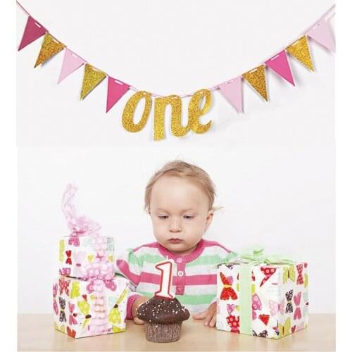 Glitter One Letter 1 Year Birthday Decorations Baby Birthday Party Banner Pull Flag