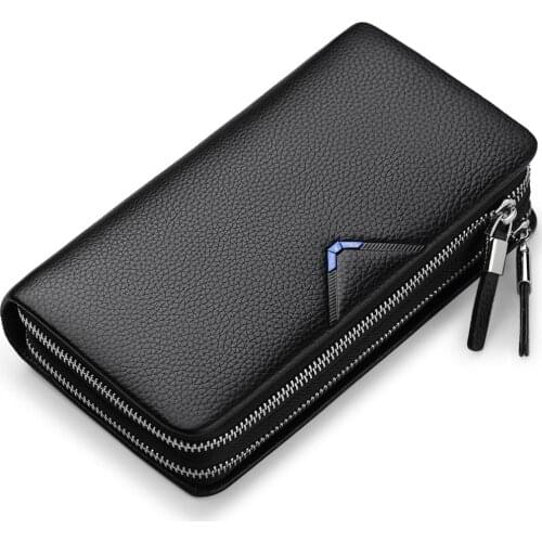 WilliamPOLO Brand Man Wallet Double Zipper Money Clip Wallet Clutch Bag Mens Purses Genuine Leather Men Wallets Long Male Purse