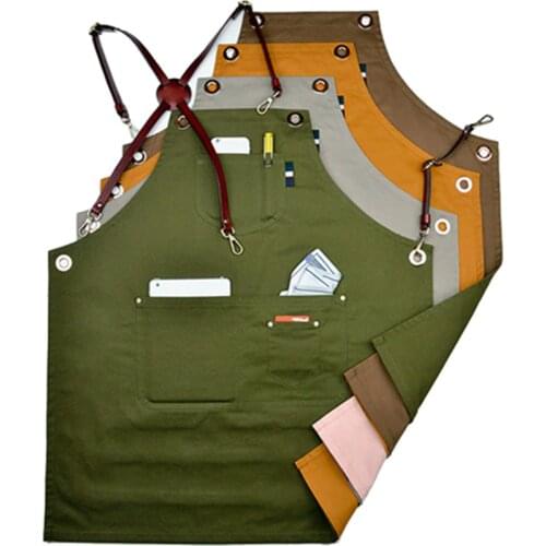 Double Sides Cotton Bib Apron Cow Leather Strap Barista Cafe Bartender Chef Uniform Florist Barber Hairdresser Work Wear K69