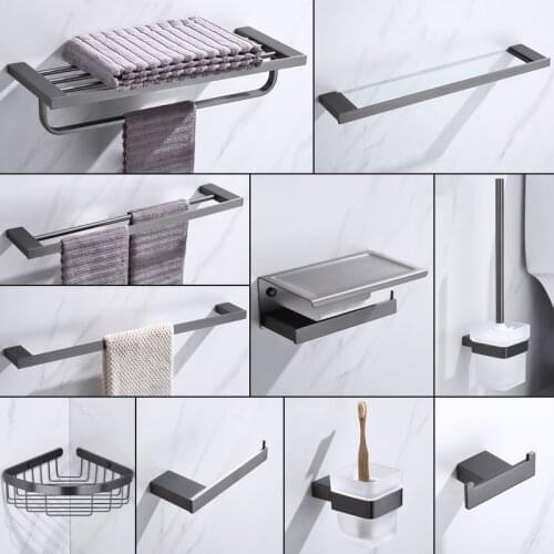 Gunmetal Grey Bathroom Accessories Towel Hook Racks Paper Hanger Toilet Brushed Holder Corner Storage Glass Shelf Hardware Set