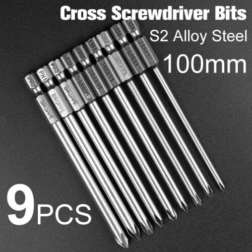 HOEN 9Pcs/Set Alloy Steel Cross Head Screwdrivers Bit Set Magnetic Phillips Screwdriver Bits 100mm 1/4” Electric Screwdrivers