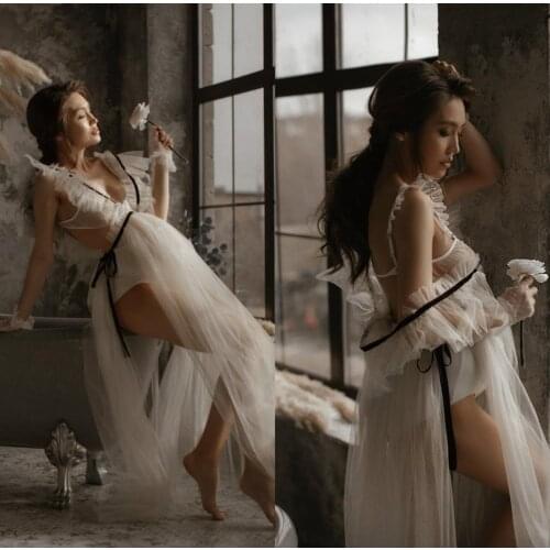 Illusion Women Night Robe Bathrobe Wedding Bridesmaid Robes Ruffles Tulle Sleepwear Long Lingeries Pregnant Bridal Party Shower