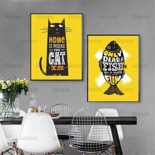 Canvas Painting Black Cat Fish Qotes Wall Art Nordic Posters Prints Decor Yellow Wall Art Picture Kitchen Living Room Decoration