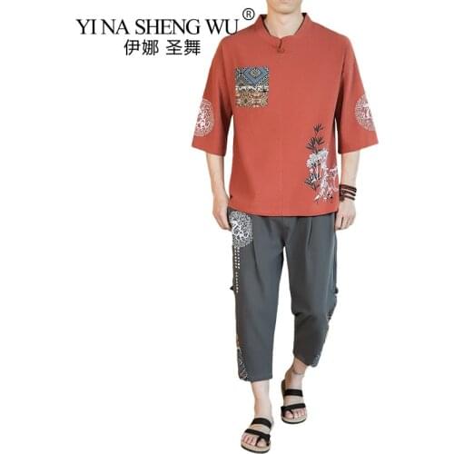 Japanese Style Printing New Fashion Kimono Shirt And Pants Set Men Cardigan Blouse Haori Obi Harajuku Embroidered Asian Clothes