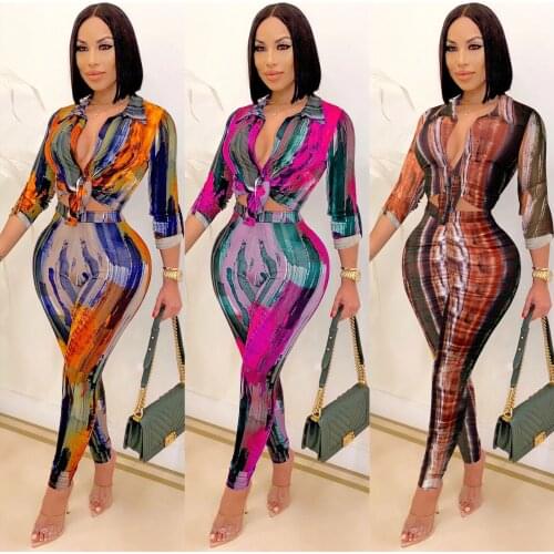 Vintage Tie Dye Print 2 Piece Outfits Casual Turn-down Collar Long Sleeve Lace Up Shirt Top + Pants Slim Two Piece Set Outfits