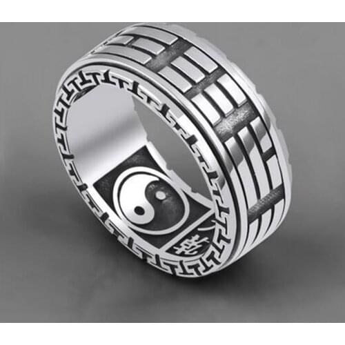 100% Real 925 Sterling Silver TaiChi Engraving Wide Men Vintage for Men Gift Punk Ring Fashion Male Jewelry A1893