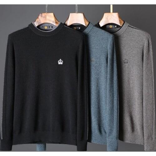 New winter high-end 100 pure wool sweater chic contrast color round collar warm mens casual pullover sweater