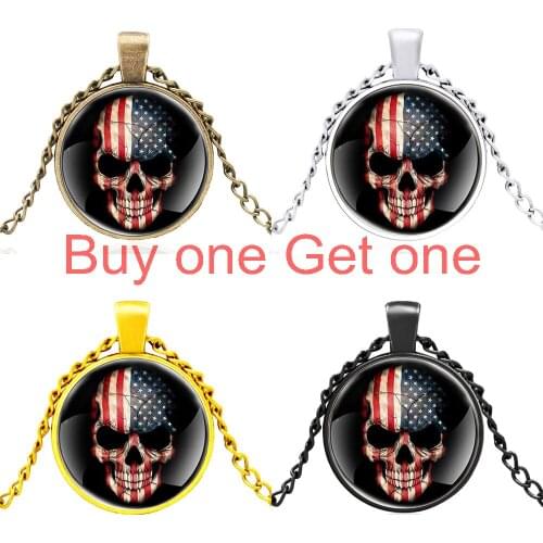 New Arrival Skull American Flag Design Glass Dome Charm Pendant Necklace Men Women Jewelry Accessories Gifts