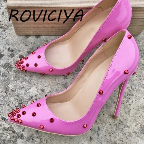 Pink Rose Rivets Womens Shoes Patent Leather Pumps Pointed Toe 12cm High Heel Stilettos Party Evening shoes MD018 ROVICIYA