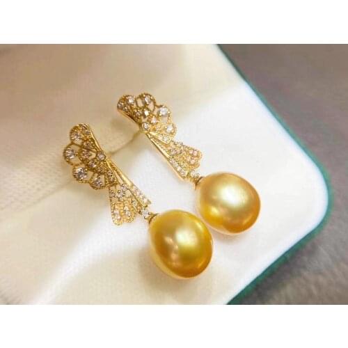 M1130 Solid S925 Sterling Silver 10-11MM Fresh Water Golden Pearls Drop Dangle Earrings for Women Fine Presents