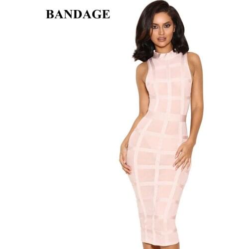 New Fashion Mesh Plaid Off Shoulder Bandage Dress Sexy Mid Calf Pink Dresses Celebrity Party Club Vestidos HL
