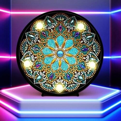 Shirliben Hot Sale Round Circle Animal Mandala Landscape Diy Diamond Painting Led Light Lamp On The Table Round Shinny Beads