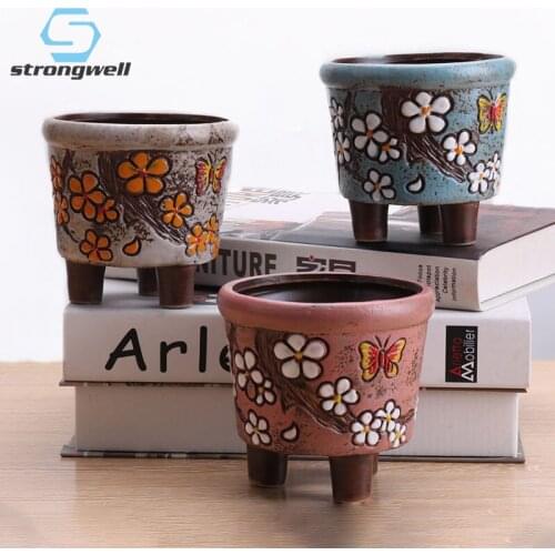 Strongwell Fairy Garden Embossed Succulent Flower Pot Creative Vintage Ceramic Plant Potted Plants Home Balcony Garden Planter