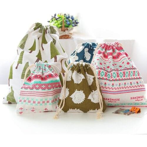 Clothes Shoes Storage Bag Cotton Linen Fabric Organizer Travel Pouch Drawstring Bag Cute Print Makeup Case Christmas Gift Bag