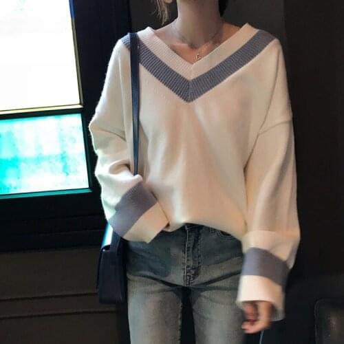 2020 Women Autumn V Neck Striped Sweater Full Sleeve Loose Knitted Pullovers Angora Rabbit Fur Jumpers College Style