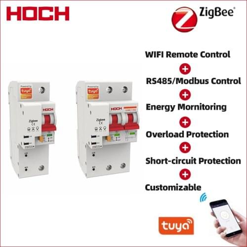 HOCH ZJSBL7 Tuya Zigbee Energy Monitoring 2P Smart RCBO Remote Control Din Rail Bluetooth Timer Automatic WIFI Breaker Factory