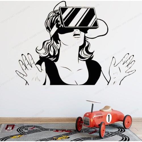 Virtual Reality Vinyl Wall sticker VR Headset Gamer Girl Woman wall decal for game room removable art muralHJ481