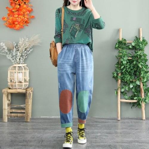 Japanese Retro Distressed Color Patch Rolled Edge Jeans High Waist Slimming Harlan Cropped Trousers Womens Pants 2112728