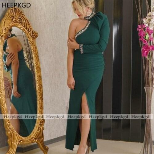 Green Mermaid Evening Dress Long Sleeve One Shoulder Crystal Satin Sexy Prom Gowns For Women Wedding Party Dresses Plus Size