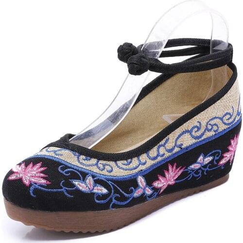 YourSeason Retro Ladies Canvas Lotus Shoes Women Floral Cotton Fabric Embroidery Strappy Flat Platforms Zapatos Mujer Size 34-41