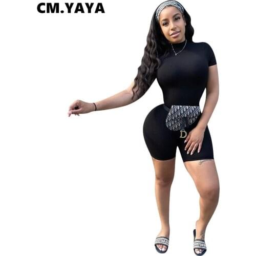 CM.YAYA Women Playsuit Solid Shor Sleeve Half High Collar Stretchy Bodycon Playsuits Casual Rompers One Piece Overalls Summer