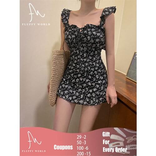 2021 New Korean Sexy High Waist Swimwear Dress Women Black Print Ruffle One Piece Swimsuit Push Up Swim Bathing Suit Beachwear