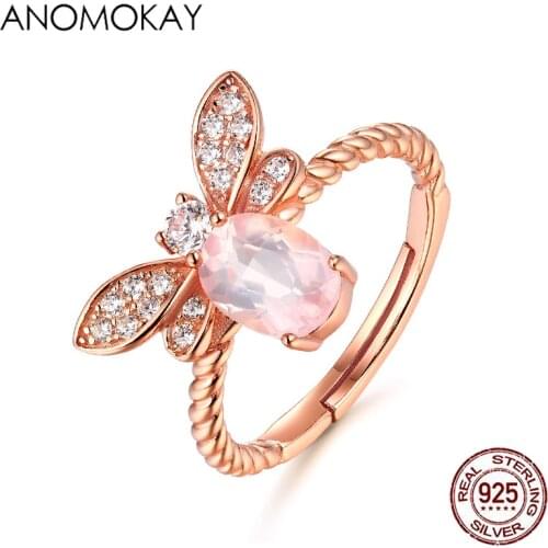 Anomokay Dropshipping HOT Natrue Pink Crystal Bee Shape Rose Gold Women Ring 925 Sterling Silver Resizable Rings for Party Gift