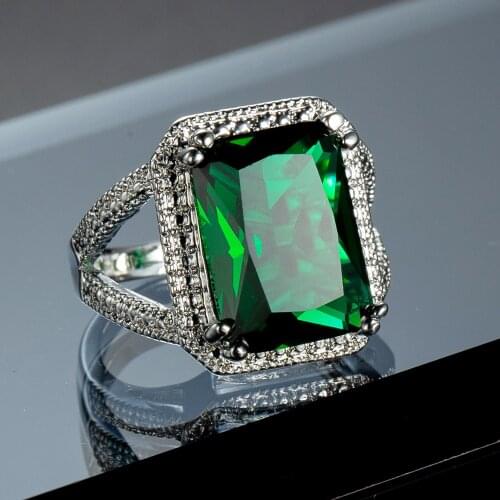 2019 New Hot Sale Silver Color Big Square Green Crystal Ring For Women Fashion Wedding Engagement Rings Jewelry Free Shipping