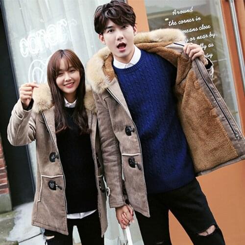 Winter men women suede fleece liner thick warm jacket parka cotton clothes couple hooded windproof fur collar tops coat