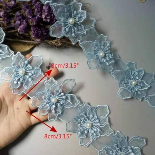 10x Blue 3D Pearl Flower Handmade Beaded Embroidered Fabric Lace Edge Trim Ribbon Double Layers Applique Dress DIY Sewing Craft