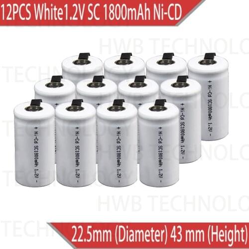 12PCS/lot Sub C SC 1.2V 1800mAh Ni-Cd Ni Cd Rechargeable Battery Batteries White color Free shipping