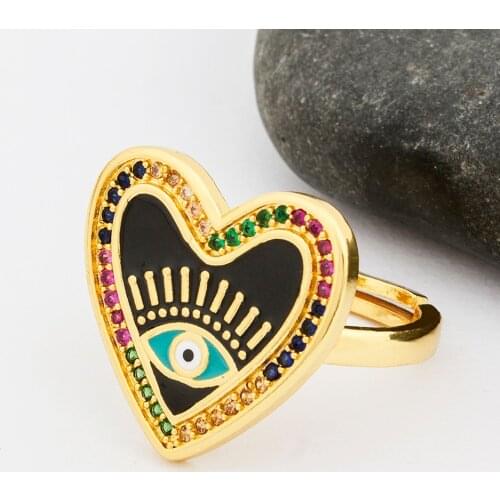 2020 New Fashion Adjustable Heart Evil Eye Rings Gold Color Opening Ring Charm Crystal Lady Female Jewelry For Women Love Gift
