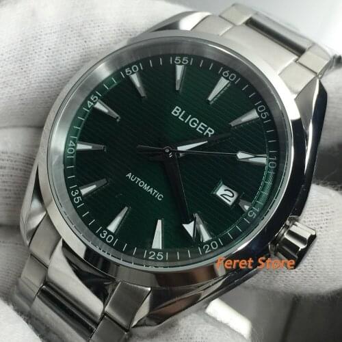 BLIGER New 40mm Luminous Mechanical Men Watch Green dial 24 Jewels NH35 Steel Bracelet Seeing Glass Backcover Screwdown Crown