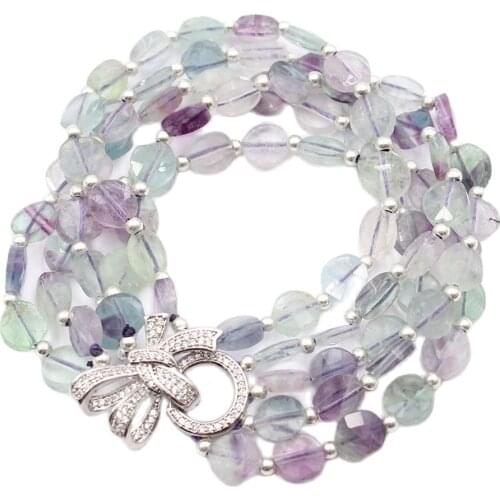 GG Jewelry 5 Strands Natural Purple Green Fluorite Coin Faceted Beads Bracelet CZ Flower Clasp Handmade For Women