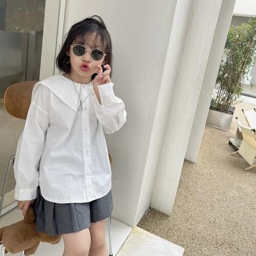 Childrens Shirt 2021 Autumn New Girls' Vintage Navy Style Big Turn-down Collar Solid Color Shirt Teenagers Fashion Top