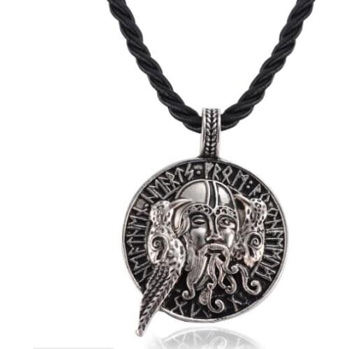 Ancient Nordic Runes Viking Norse Pendant Necklace Black Rope Chain Odin With Ravens Tag Necklace Unisex Talisman Jewelry