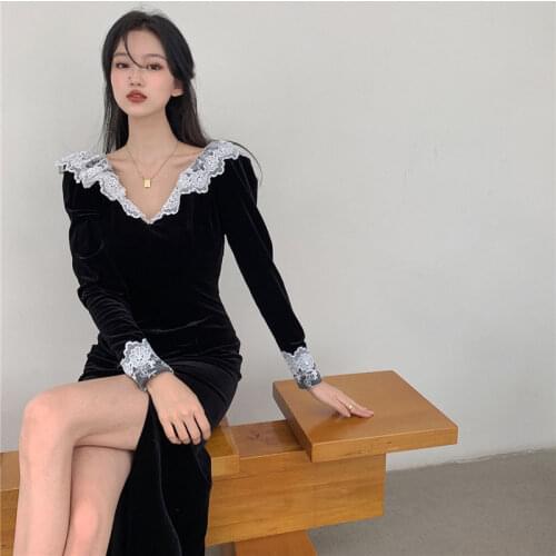 French Tender Sweet Girl Black Lace Patchwork Dress Chic Women Vintage Elegant Split Dress Female Hepburn Sexy Slim Midi Dress