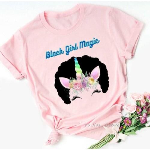 Rainbow Unicorn Pink Rose Print T Shirt Women Clothes 2021 Black Girl Magic Tshirt Femme Melanin Poppin Female T-Shirt Wholesale
