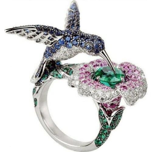 Milangirl Fashion Womens Plated Crystal Rhinestones Bird Flower Ring Wedding Engagement Jewelry #267974