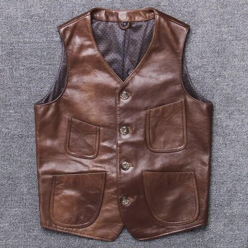 Genuine Vintage Leather Jacket Men Real Cow Leather Vest Casual Business Mens Leather Jacket Moto Biker Fit Outwear 29922