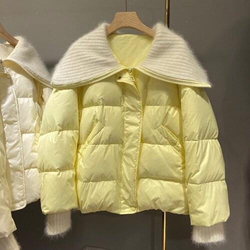 Mink Fur Lapel Solid Women Down Jackets Knitting Sleeve Light Short Female Parkas Duck Down Filling Loose Winter Coat