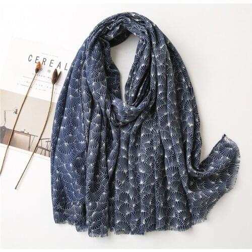 Autumn Fashion Navy Blue Ginkgo Floral Fringe Viscose Shawl Scarf High Quality Wrap Pashmina Stole Bufandas Muslim Hijab Snood
