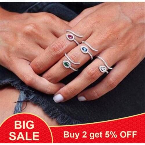 2018 open adjust women rings various color birthstone tear drop wedding enegagement fashion silver color classic cz ring