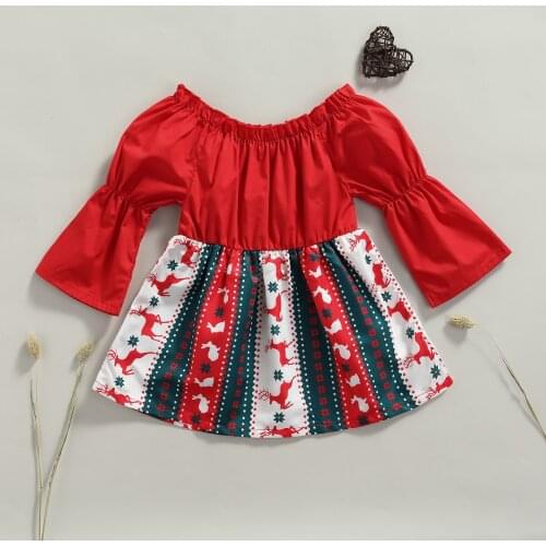 Christmas Toddler Baby Girls Long Sleeve Off Shoulder Dress Elk Snowflake Printed Patchwork A-line Dress Princess Outfit