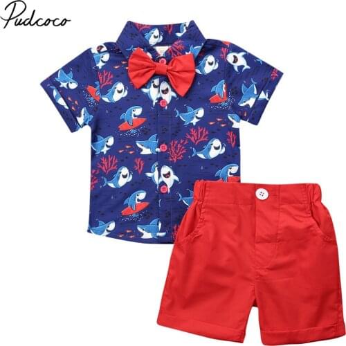 Pudcoco 2PCS Toddler Baby Boy Gentleman Clothes Set Bow Tie Short Sleeve Shirt Cute Cartoon Tops + Pants Shorts Clothes Outfits