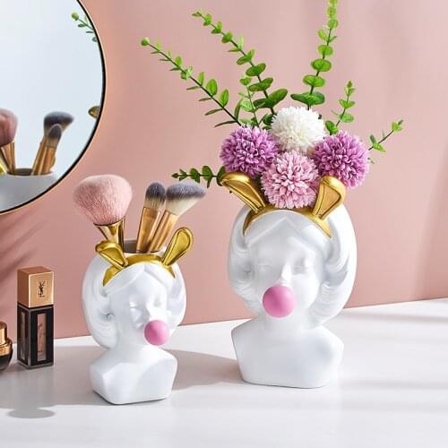 Nordic Decoration Home Cute Cat Girl Vase Home Decor Modern Vases Flower Arrangement Decoration Makeup Brush Storage Decor Vase