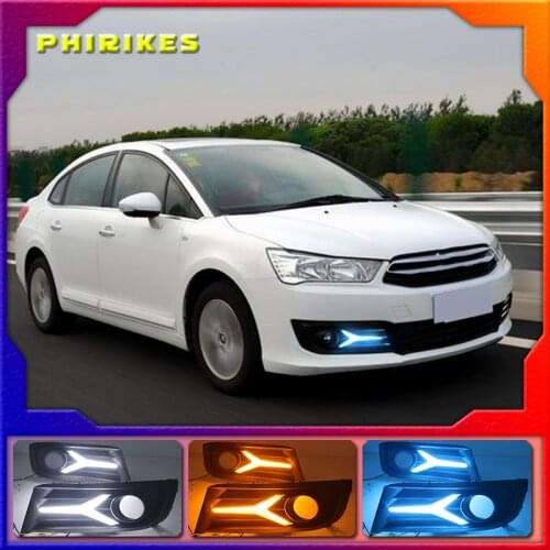 LED DRL daytime running light+Front fog light For Citroen C-Quatre 2012-2018 with Dynamic moving yellow turn signal