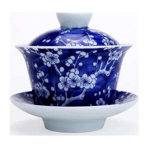 Vintage Gaiwan Blue and White Plum Flower Tea Turee Porcelain Coffee Tea Bowl Drinkware Making Black Tea Coffee
